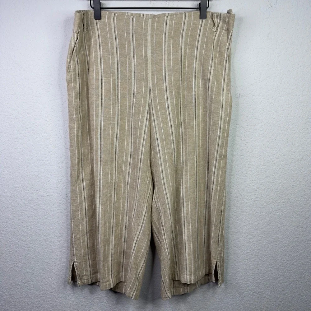 J.Jill Crop Pants Womens L Beige Linen Blend Striped Wide Leg Coastal Minimalist